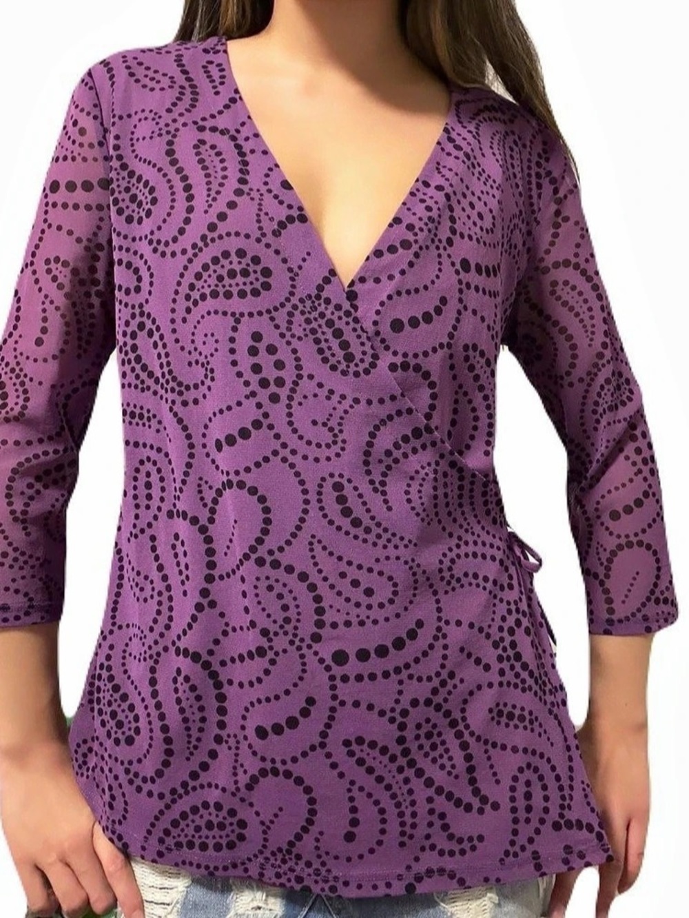 Cleo Paisley Wrap Tunic in Purple & Black Size Medium